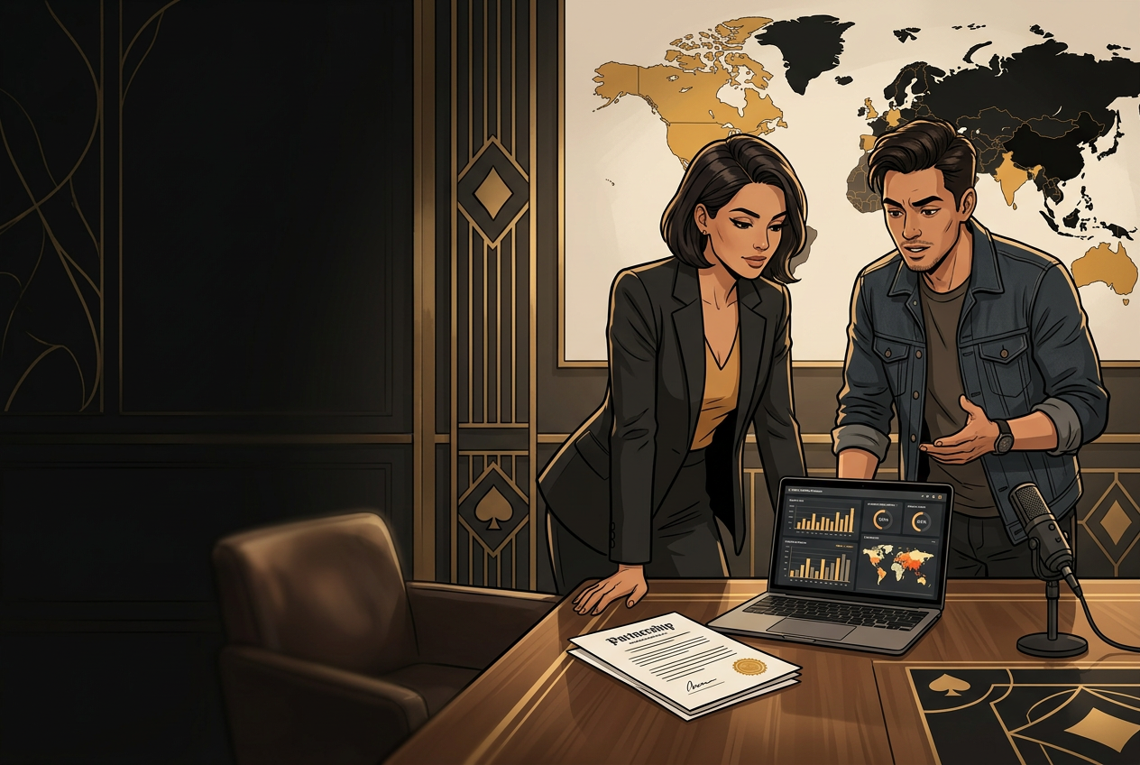 Illustrated Isla Gaming partnership team reviewing a global campaign